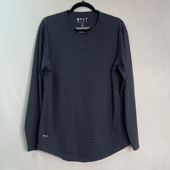 BYLT Mens Black Polka Dot Drop Cut Long Sleeve Shirt Size M Stretch Classic Gym - Picture 1 of 12